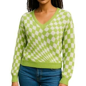 Witty Fox Sweater Womens XL Lime Green White Diamond Print